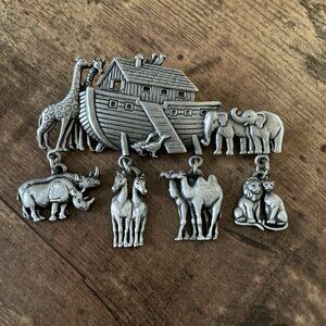 Vintage JJ Jonette Noahs Ark Pin Pewter Charm Brooch Christian Biblical Jewelry